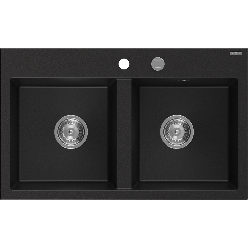 Mexen Hektor 2-bowl granite sink 800 x 480 mm, black, chrome siphon - 6521802000-77