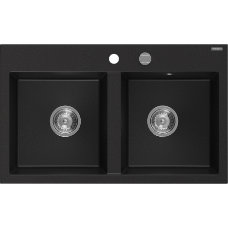 Mexen Hektor 2-bowl granite sink 800 x 480 mm, black, chrome siphon - 6521802000-77