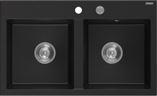 Mexen Hektor 2-bowl granite sink 800 x 480 mm, black, chrome siphon - 6521802000-77