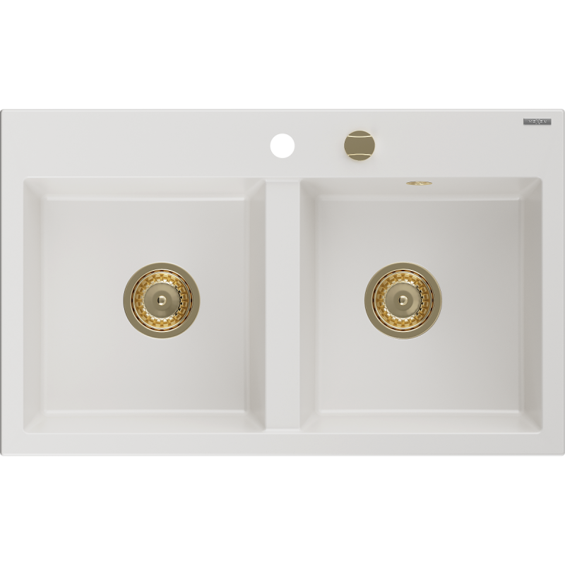 Mexen Hektor granite sink 2-bowl 800 x 480 mm, white, gold siphon - 6521802000-20-G