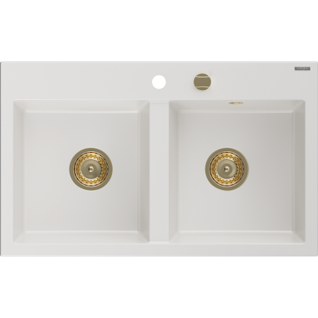 Mexen Hektor granite sink 2-bowl 800 x 480 mm, white, gold siphon - 6521802000-20-G
