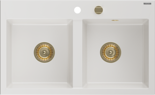 Mexen Hektor granite double-bowl sink 800 x 480 mm, white, gold siphon - 6521802000-20-G