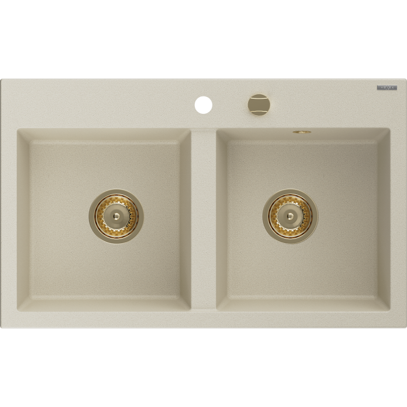 Mexen Hektor granite sink 2-chamber 800 x 480 mm, beige, gold siphon - 6521802000-69-G
