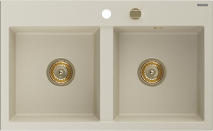 Mexen Hektor granite sink 2-chamber 800 x 480 mm, beige, gold siphon - 6521802000-69-G