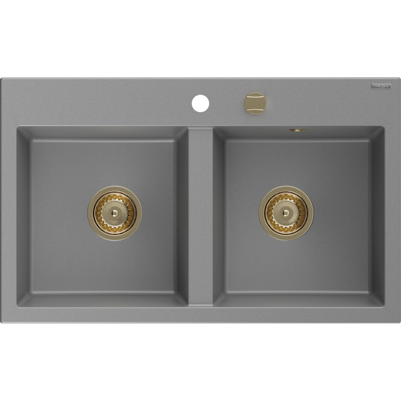 Mexen Hektor granite sink 2-bowl 800 x 480 mm, grey, gold siphon - 6521802000-71-G