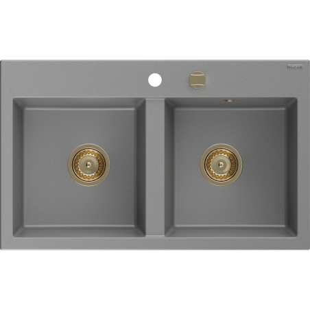 Mexen Hektor Granite Sink 2 Bowl 800 x 480 mm, Gray, Gold Siphon - 6521802000-71-G