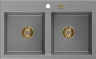 Mexen Hektor Granite Sink 2 Bowl 800 x 480 mm, Gray, Gold Siphon - 6521802000-71-G