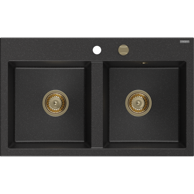 Mexen Hektor Granite Sink 2-Compartment 800 x 480 mm, Black/Silver Metallic, Gold Siphon - 6521802000-73-G