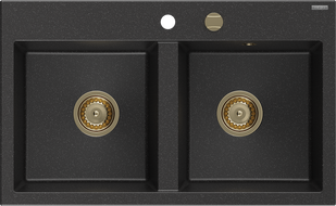 Mexen Hektor Granite Sink 2-Compartment 800 x 480 mm, Black/Silver Metallic, Gold Siphon - 6521802000-73-G