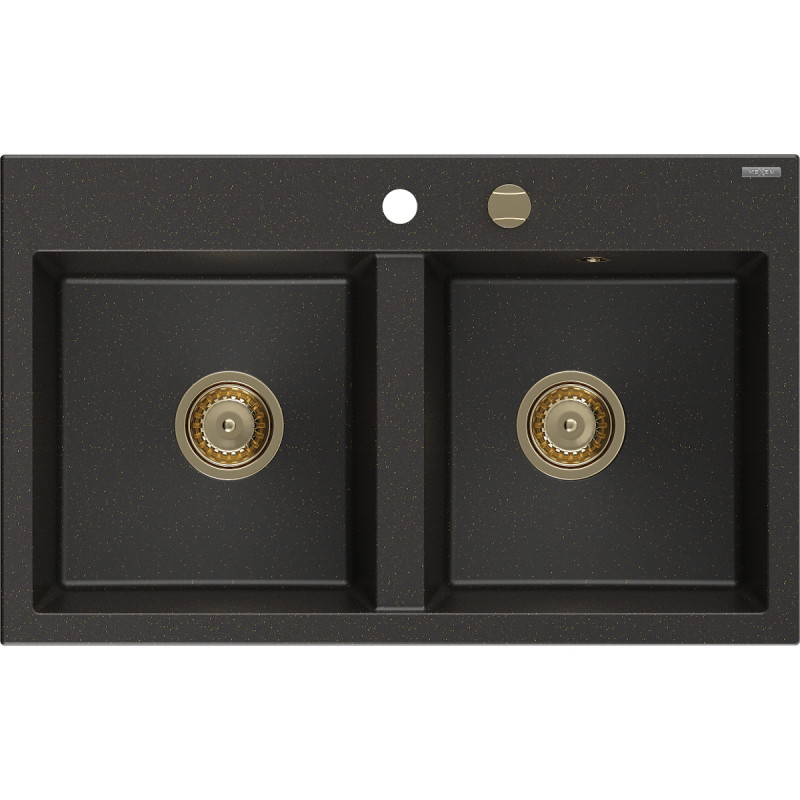 Mexen Hektor granite kitchen sink 2-bowl 800 x 480 mm, black/gold metallic, gold siphon - 6521802000-75-G