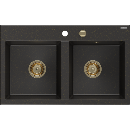 Mexen Hektor granite kitchen sink 2-bowl 800 x 480 mm, black/gold metallic, gold siphon - 6521802000-75-G