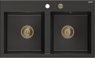 Mexen Hektor granite kitchen sink 2-bowl 800 x 480 mm, black/gold metallic, gold siphon - 6521802000-75-G