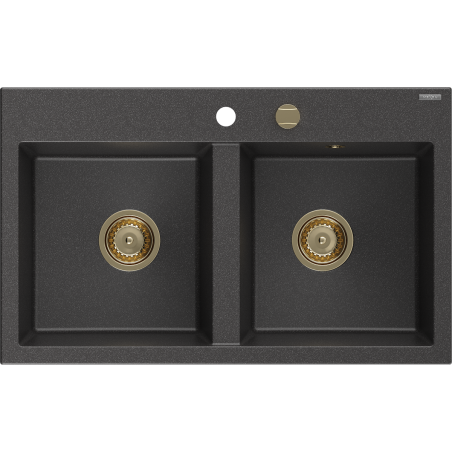 Mexen Hektor granite sink 2-compartment 800 x 480 mm, black speckled, gold siphon - 6521802000-76-G
