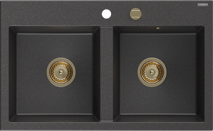 Mexen Hektor granite sink 2-compartment 800 x 480 mm, black speckled, gold siphon - 6521802000-76-G