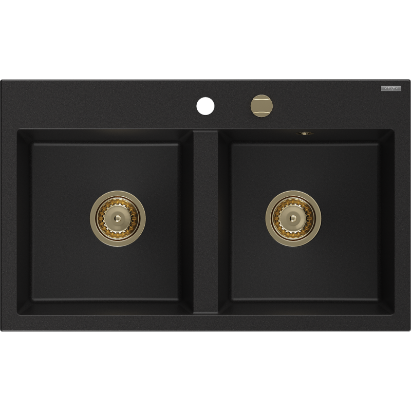 Mexen Hektor Granite Double Bowl Sink 800 x 480 mm, Black, Gold Siphon - 6521802000-77-G