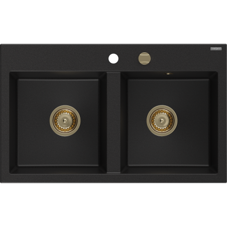Mexen Hektor Granite Double Bowl Sink 800 x 480 mm, Black, Gold Siphon - 6521802000-77-G