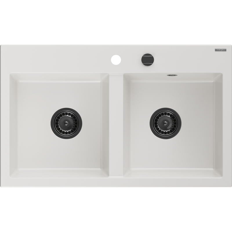 Mexen Hektor granite sink 2-bowl 800 x 480 mm, white, black siphon - 6521802000-20-B