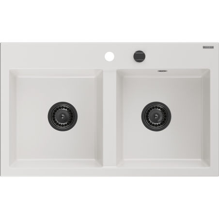 Mexen Hektor granite sink 2-bowl 800 x 480 mm, white, black siphon - 6521802000-20-B
