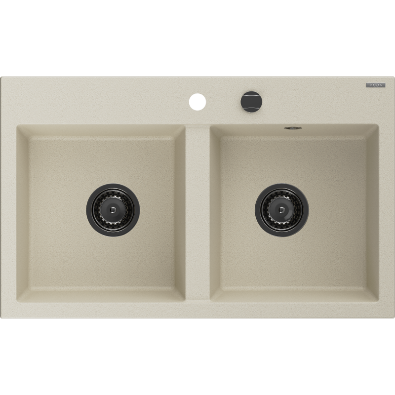 Mexen Hektor granite sink 2-bowl 800 x 480 mm, beige, black siphon - 6521802000-69-B