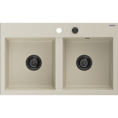 Mexen Hektor granite sink 2-bowl 800 x 480 mm, beige, black siphon - 6521802000-69-B