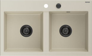 Mexen Hektor granite sink 2-bowl 800 x 480 mm, beige, black siphon - 6521802000-69-B