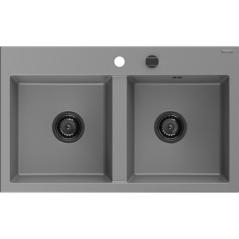 Mexen Hektor granite sink 2-bowl 800 x 480 mm, grey, black siphon - 6521802000-71-B
