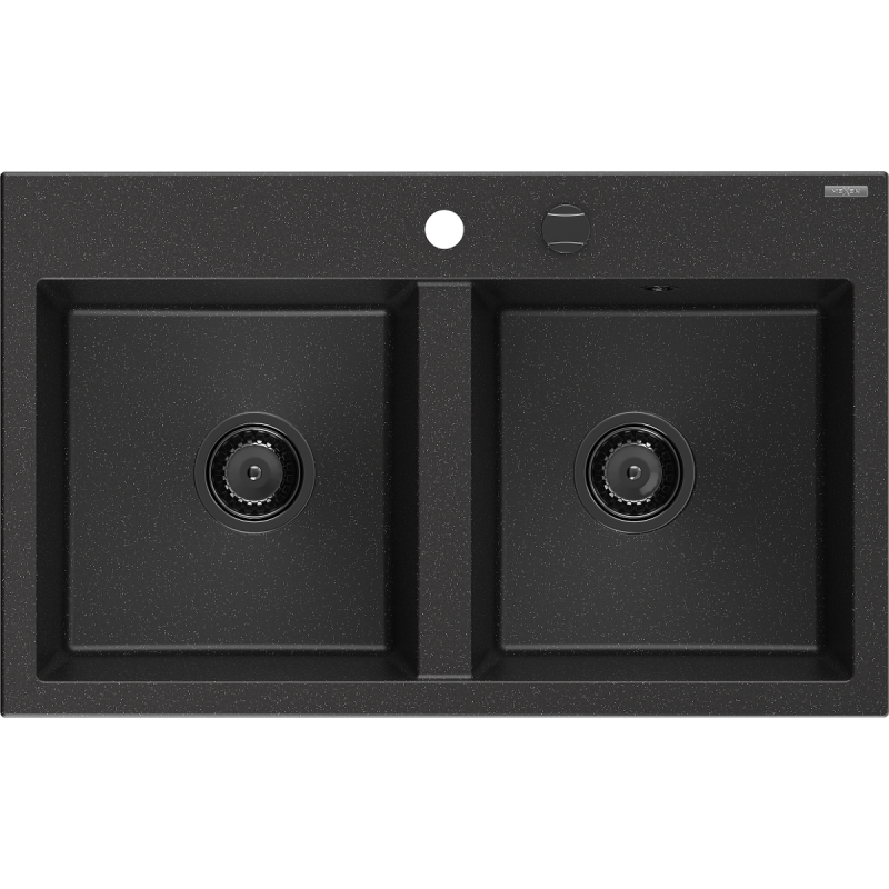 Mexen Hektor Granite Sink Double Bowl 800 x 480 mm, Black/Silver Metallic, Black Siphon - 6521802000-73-B