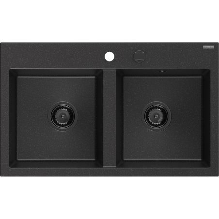Mexen Hektor Granite Sink Double Bowl 800 x 480 mm, Black/Silver Metallic, Black Siphon - 6521802000-73-B
