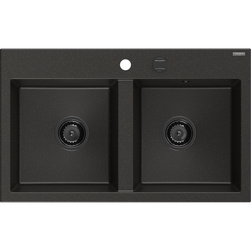 Mexen Hektor granite sink 2-bowl 800 x 480 mm, black/gold metallic, black siphon - 6521802000-75-B