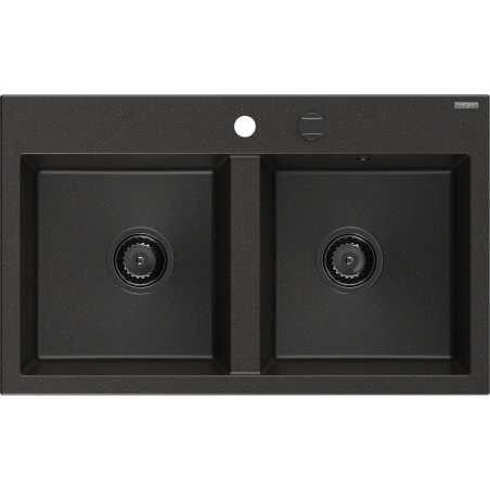 Mexen Hektor granite sink 2-bowl 800 x 480 mm, black/gold metallic, black siphon - 6521802000-75-B