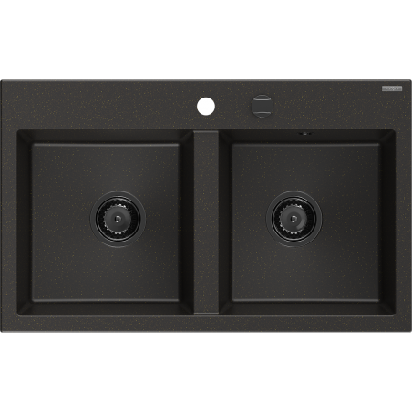 Mexen Hektor granite sink double-bowl 800 x 480 mm, black/gold metallic, black siphon - 6521802000-75-B
