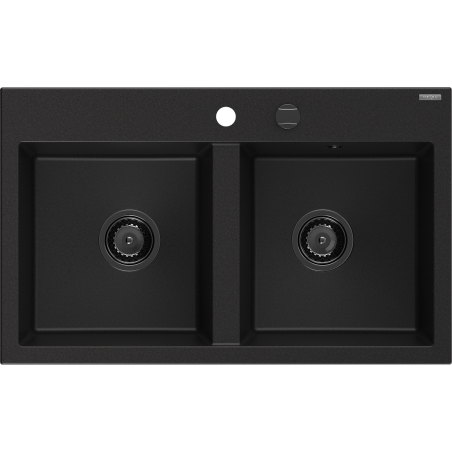Mexen Hektor granite sink, 2-bowl 800 x 480 mm, black, black siphon - 6521802000-77-B