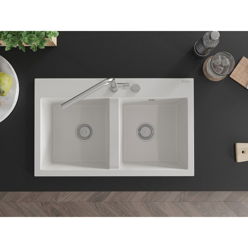 Mexen Hektor 2-Bowl Granite Sink 800 x 480 mm, White, Chrome Siphon - 6521802000-20