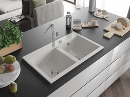 Mexen Hektor 2-Bowl Granite Sink 800 x 480 mm, White, Chrome Siphon - 6521802000-20
