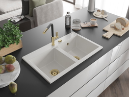 Mexen Hektor granite sink 2-bowl 800 x 480 mm, white, gold siphon - 6521802000-20-G