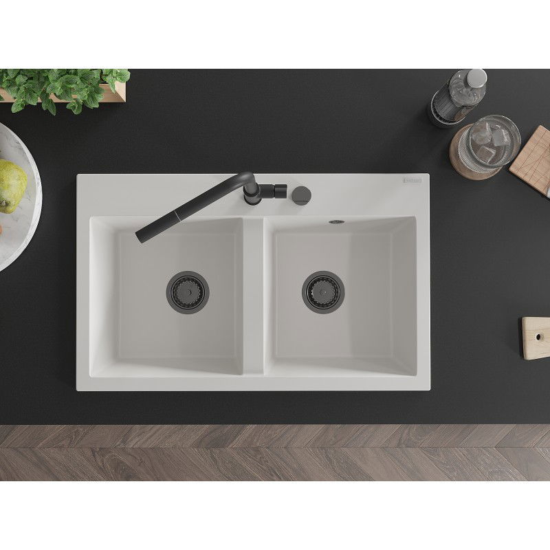 Mexen Hektor granite sink 2-bowl 800 x 480 mm, white, black siphon - 6521802000-20-B