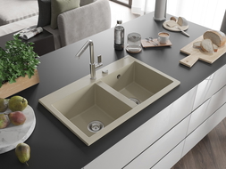 Mexen Hektor granite sink 2-chamber 800 x 480 mm, beige, chrome siphon - 6521802000-69