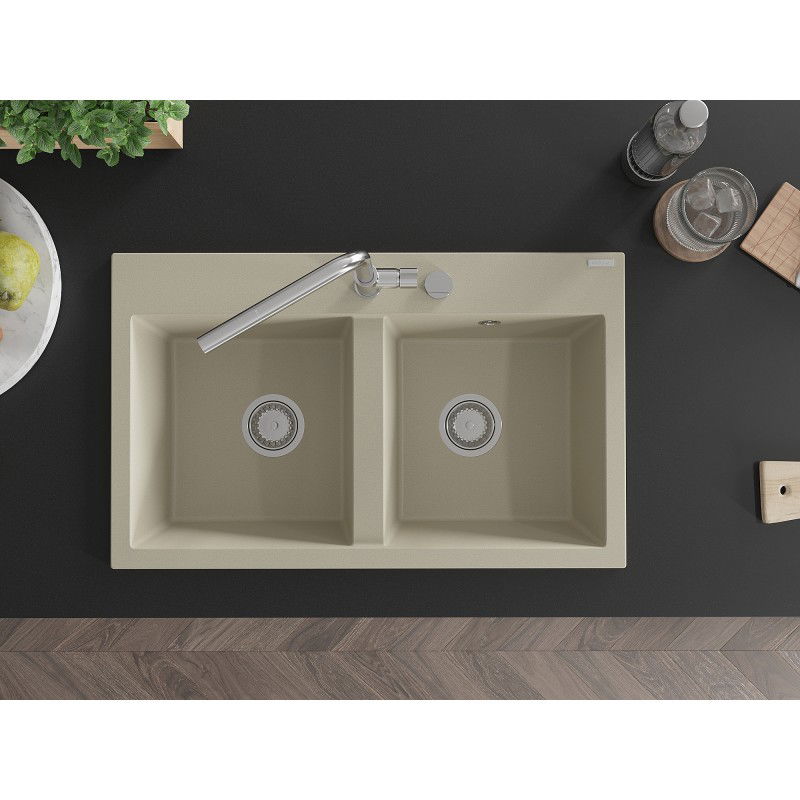 Mexen Hektor granite kitchen sink 2-bowl 800 x 480 mm, beige, chrome siphon - 6521802000-69