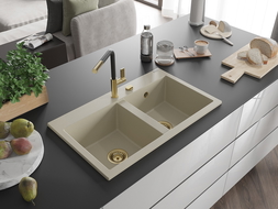 Mexen Hektor Granite Sink Double Bowl 800 x 480 mm, Beige, Gold Siphon - 6521802000-69-G