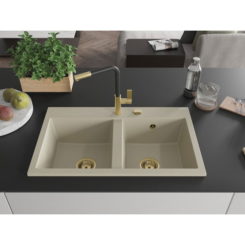 Mexen Hektor Granite Sink Double Bowl 800 x 480 mm, Beige, Gold Siphon - 6521802000-69-G