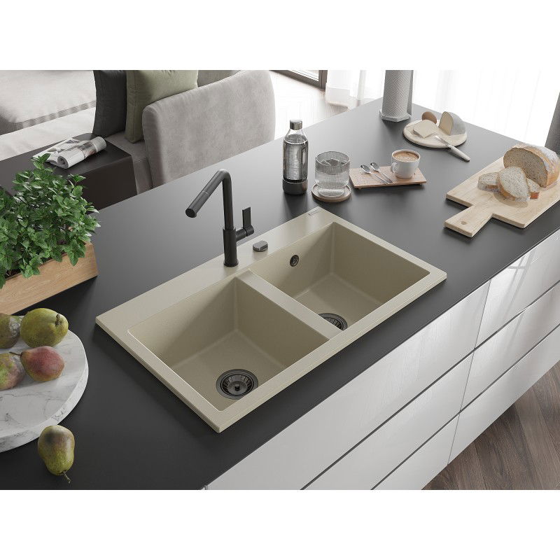 Mexen Hektor granite sink 2-chamber 800 x 480 mm, beige, black siphon - 6521802000-69-B