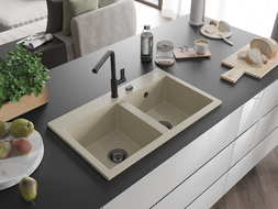 Mexen Hektor granite sink 2-bowl 800 x 480 mm, beige, black siphon - 6521802000-69-B