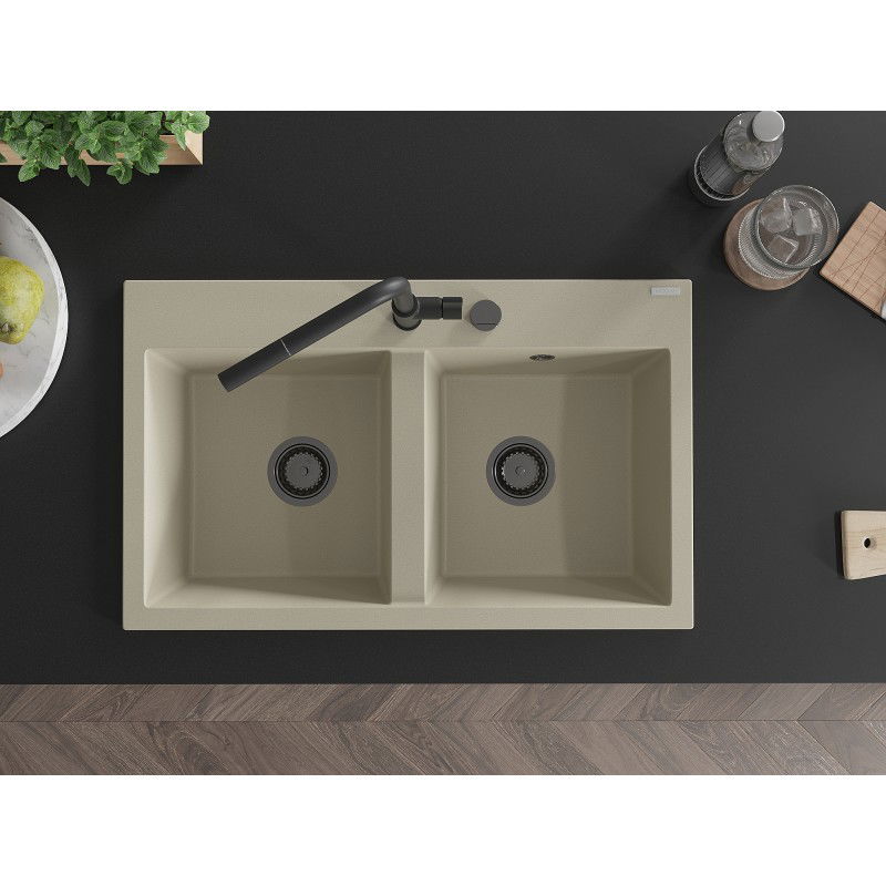 Mexen Hektor granite sink 2-chamber 800 x 480 mm, beige, black siphon - 6521802000-69-B