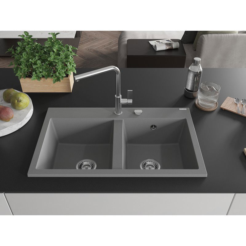Mexen Hektor granite sink 2-chamber 800 x 480 mm, grey, chrome siphon - 6521802000-71