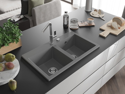 Mexen Hektor granite double-bowl sink 800 x 480 mm, gray, chrome siphon - 6521802000-71