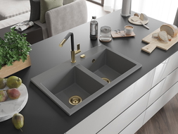 Mexen Hektor Granite Sink 2 Bowl 800 x 480 mm, Gray, Gold Siphon - 6521802000-71-G