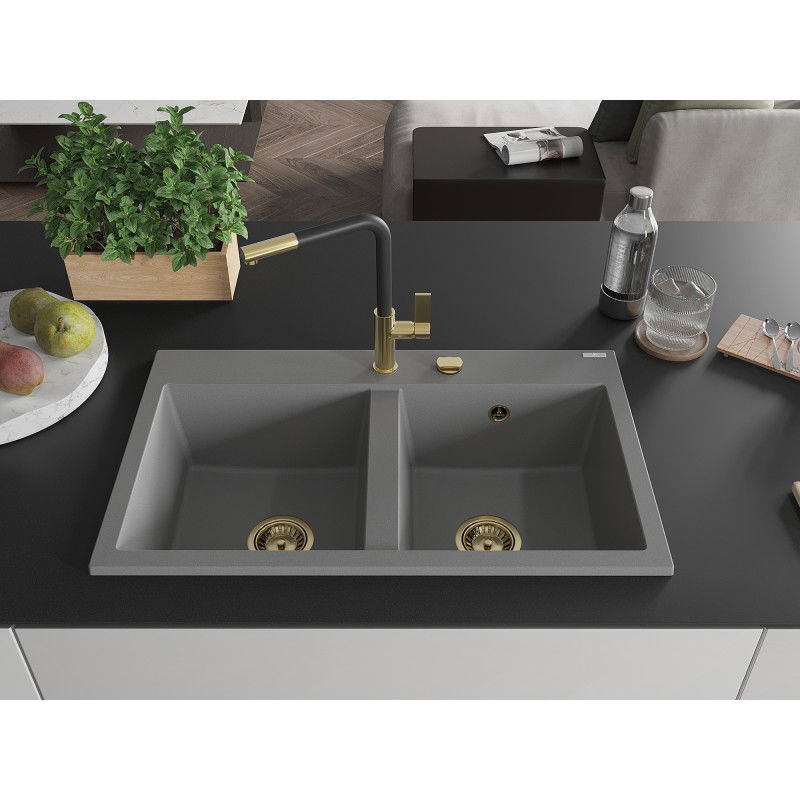 Mexen Hektor granite sink 2-bowl 800 x 480 mm, grey, gold siphon - 6521802000-71-G