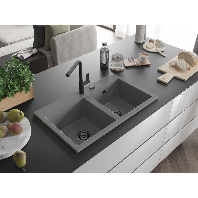 Mexen Hektor granite sink 2-bowl 800 x 480 mm, grey, black siphon - 6521802000-71-B