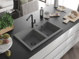 Mexen Hektor 2-chamber granite sink 800 x 480 mm, gray, black siphon - 6521802000-71-B