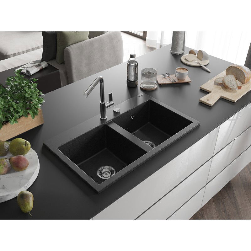Mexen Hektor granite sink 2-chamber 800 x 480 mm, black/silver metallic, chrome siphon - 6521802000-73